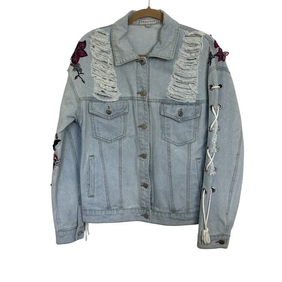 36Point5 Jackets & Blazers - 36Point5 Women’s Customized Denim Jacket Medium Roses Skull Lace Up Distressed